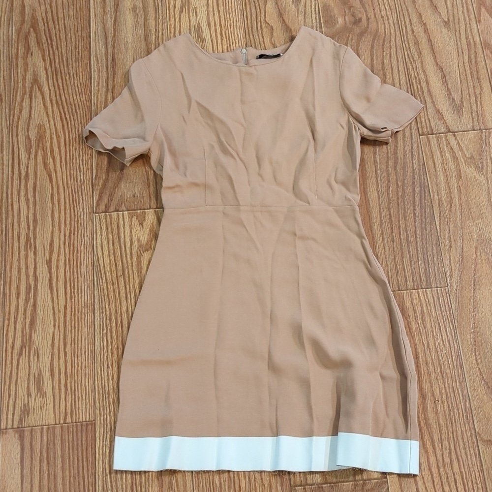 Tan A-line mini dress w/ small cutout Sandro size XS white raw hem fitted